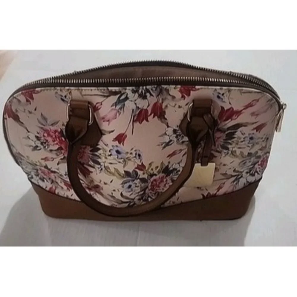 Floral Print Satchel Handbag in Cream and Brown